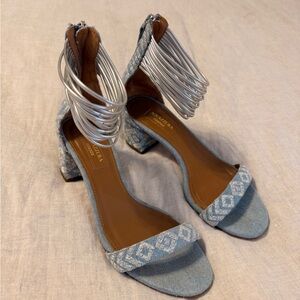 Aquazzura Rendez Vous sandals with a denim strap and metallic silver Size 36